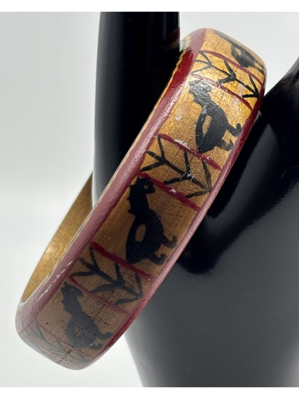 Vintage Wooden Hand Painted Bangle Bracelet Folk Art Tribal Red & Black Unsigned